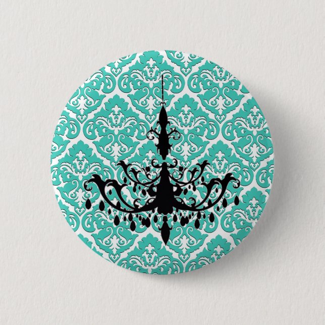 Teal Damask Black Chandelier 6 Cm Round Badge (Front)