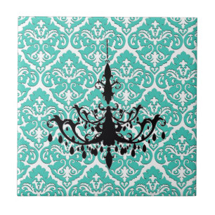 Teal Damask Black Chandelier Tile