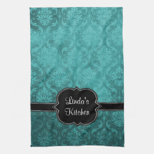 Teal Damask Black Personalised Kitchen Towel