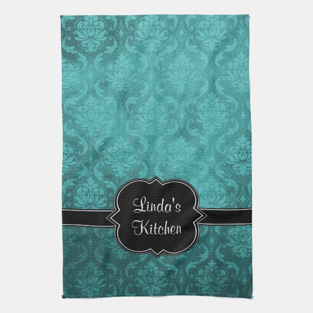 Teal Damask Black Personalised Kitchen Towel (Vertical)