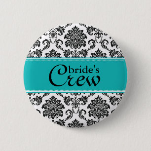 Teal Damask Bride's Crew Button