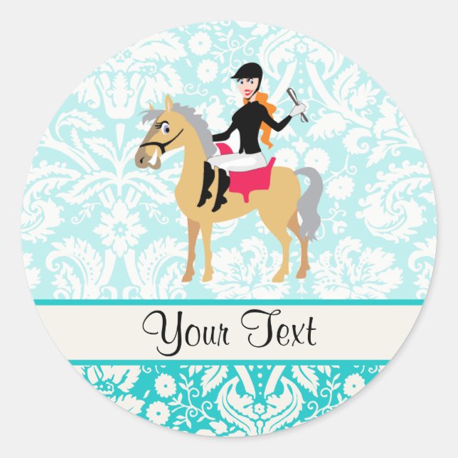 Teal Damask Equestrian Classic Round Sticker (Front)