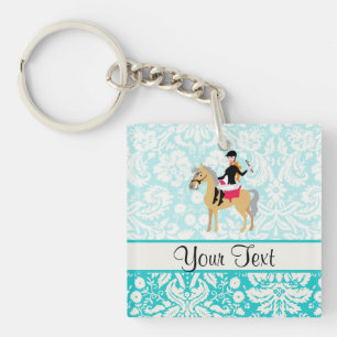 Teal Damask Equestrian Key Ring