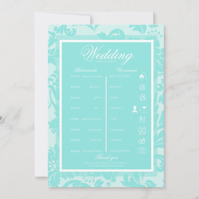 Teal damask itinerary itinerary invitation (Front)