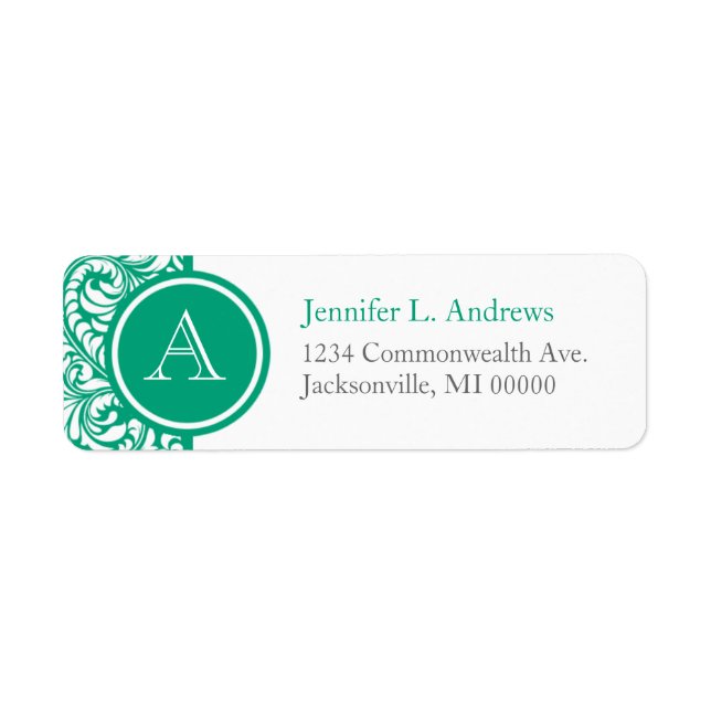 Teal Damask Monogram Address Return Labels (Front)