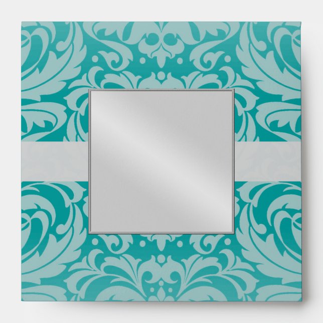 Teal Damask Monogram Ribbon Wedding Envelope (Front)