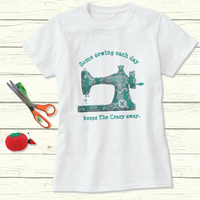 Teal Damask Monogram Sewing Humour T-Shirt (Creator Uploaded)