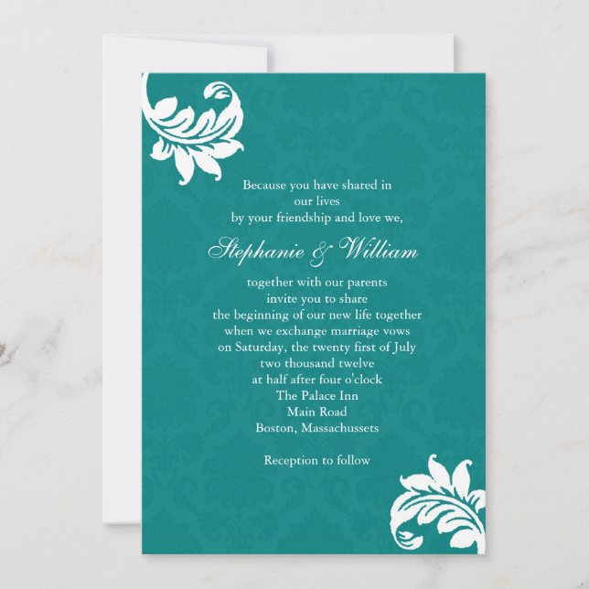Teal Damask Monogram Wedding Invitation (Front)