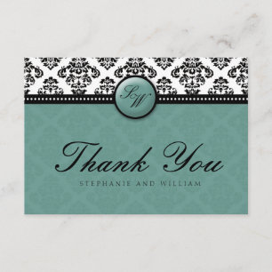 Teal Damask Monogram Wedding Thank You Card