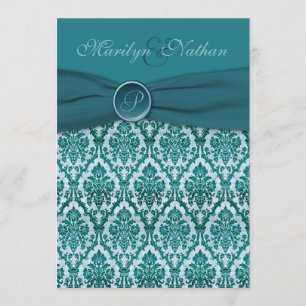 Teal Damask Monogrammed Wedding Invitation