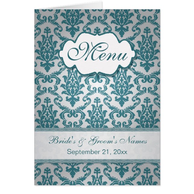 Teal damask on a silver background Menu (Front)
