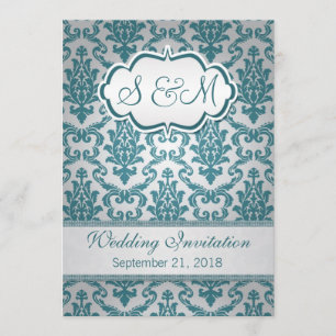 Teal damask on silver background Wedding Invitation