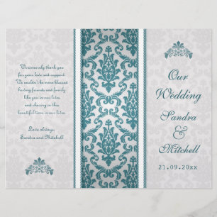 Teal damask on silver Wedding Program