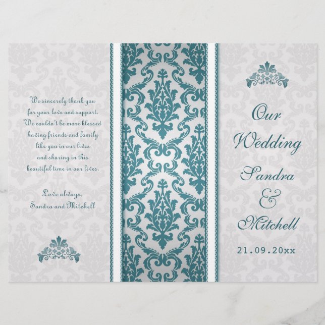 Teal damask on silver Wedding Program (Front)