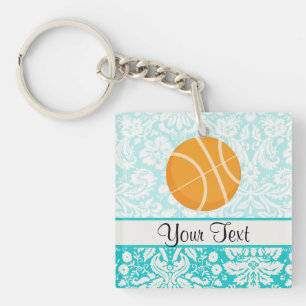 Teal Damask Patten Basketball Key Ring
