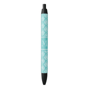 Teal Damask Pattern 1 with Monogram Black Ink Pen