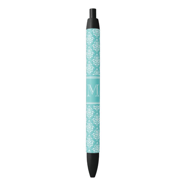 Teal Damask Pattern 1 with Monogram Black Ink Pen (Front Vertical)