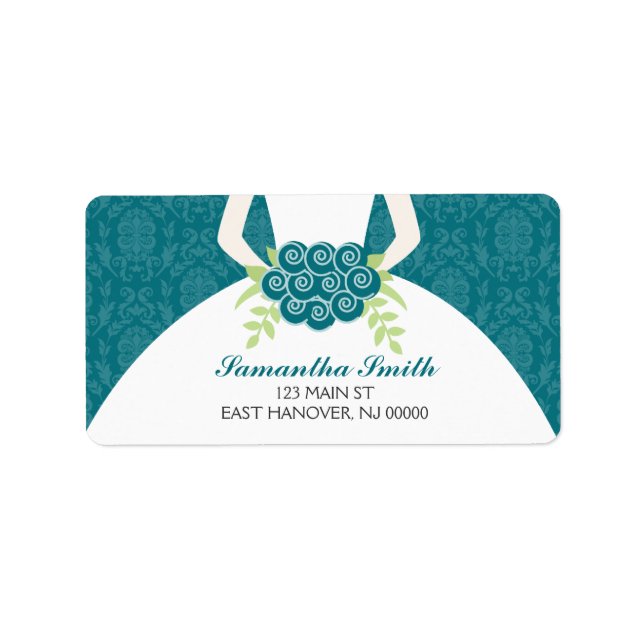 Teal Damask Pattern Bridal Shower Label (Front)