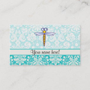 Teal Damask Pattern Dragonfly Business Card
