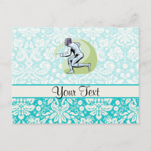 Teal Damask Pattern Fencing Postcard