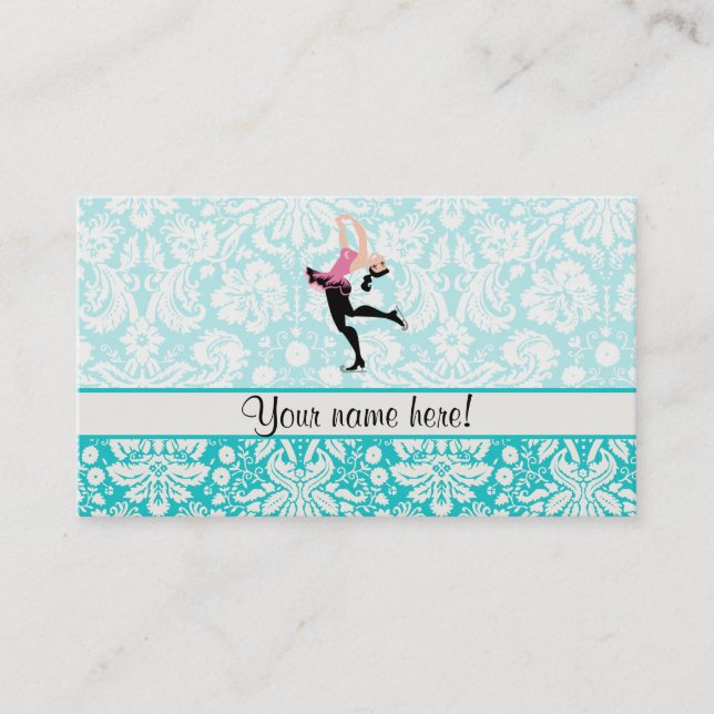 Teal Damask Pattern Ice Skating Business Card (Front)