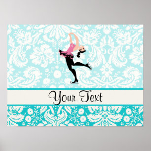 Teal Damask Pattern Ice Skating Poster