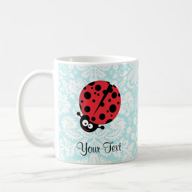 Teal Damask Pattern Ladybug Coffee Mug (Left)