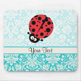 Teal Damask Pattern Ladybug Mouse Mat