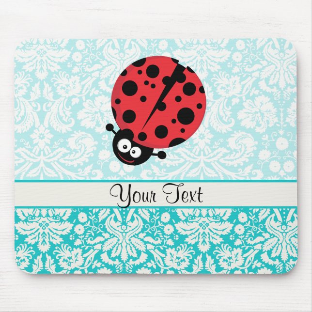 Teal Damask Pattern Ladybug Mouse Mat (Front)