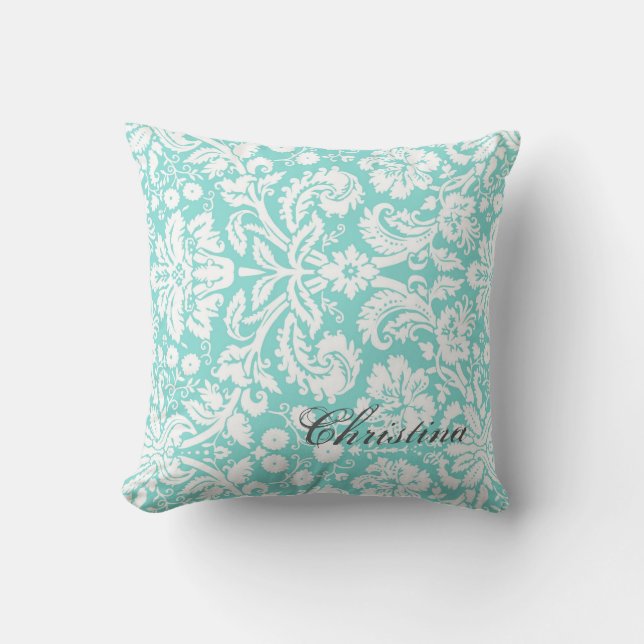 Teal Damask Pattern Monogram Pillow (Front)