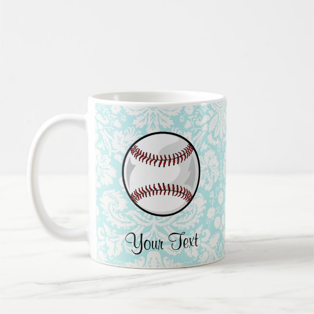 Teal Damask Pattern Softball Coffee Mug (Left)