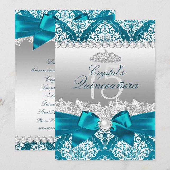 Teal Damask Pearl Bow Quinceanera Invite (Front/Back)