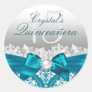Teal Damask & Pearl Bow Quinceanera Sticker