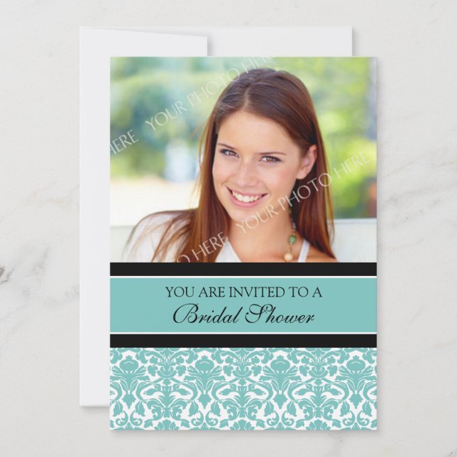 Teal Damask Photo Bridal Shower Invitation Cards (Front)
