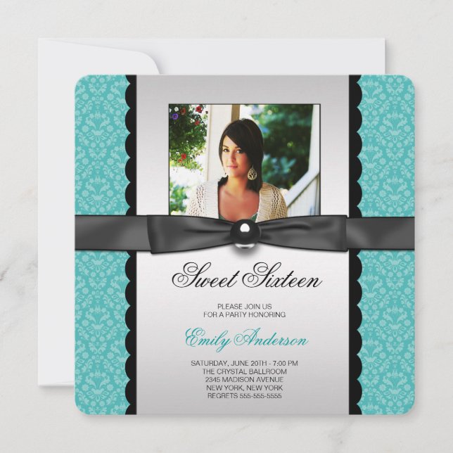 Teal Damask Photo Sweet 16 Party Invitation (Front)