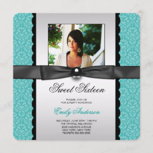 Teal Damask Photo Sweet 16 Party Invitation