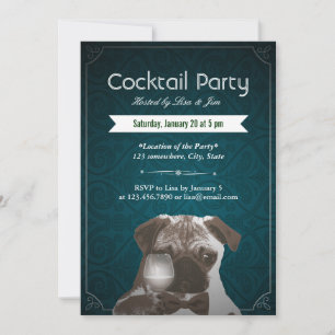 Teal Damask Pug & Wine Cocktail Party Invitations
