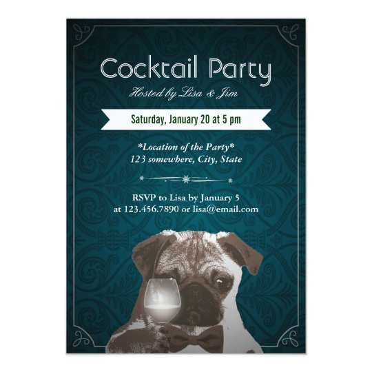 Teal Damask Pug & Wine Cocktail Party Invitations