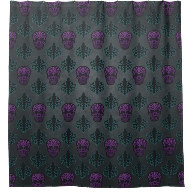 Teal Damask Purple Skull Shower Curtain (Front)