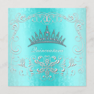 Teal Damask Quinceanera Diamond Tiara Invite