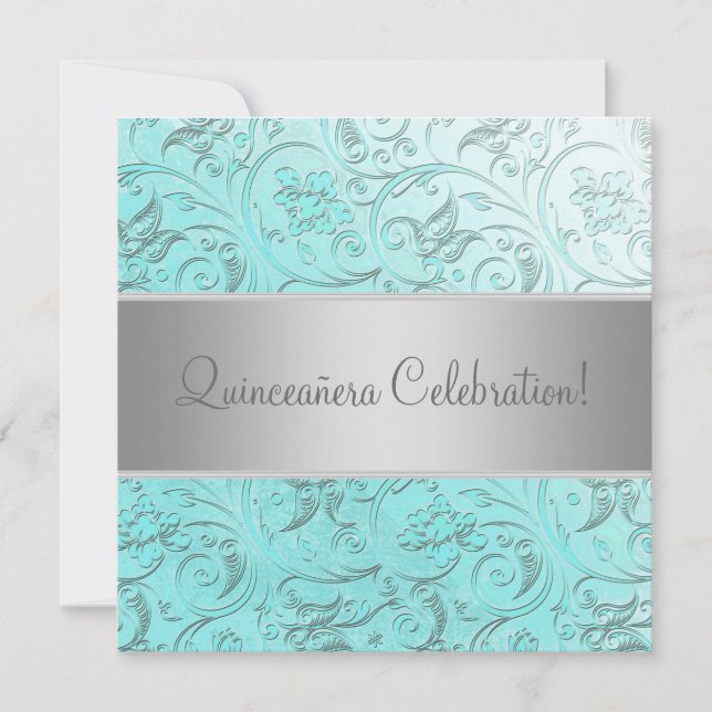 Teal Damask Quinceanera Invitation (Front)
