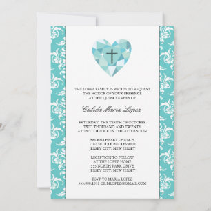 Teal Damask Quinceanera Invitations
