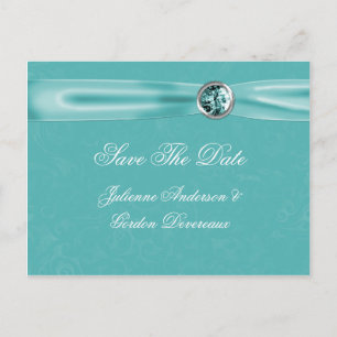 Teal Damask Ribbon Jewels Save The Date Announcement Postcard