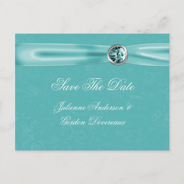 Teal Damask Ribbon Jewels Save The Date Announcement Postcard (Front)