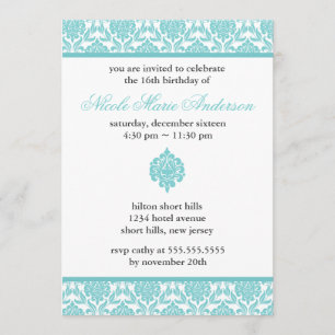 Teal Damask Sweet Sixteen Invitations