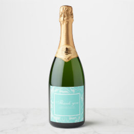 Teal damask thank you card sparkling wine label