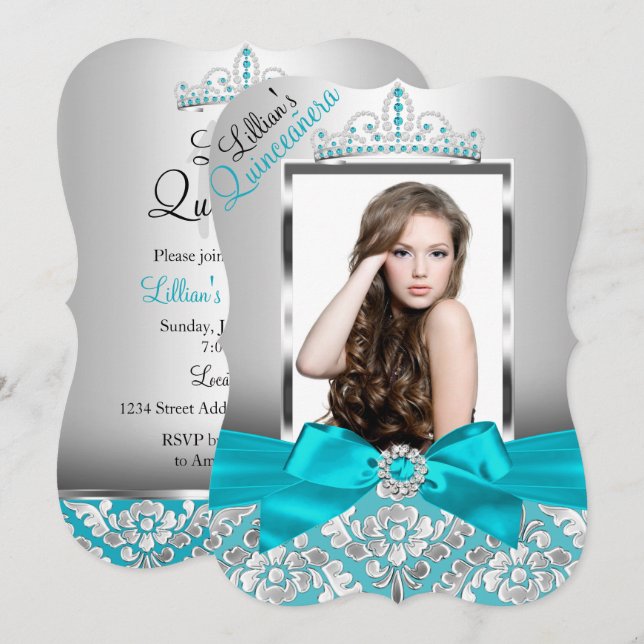 Teal Damask Tiara Photo Quinceanera Invite (Front/Back)