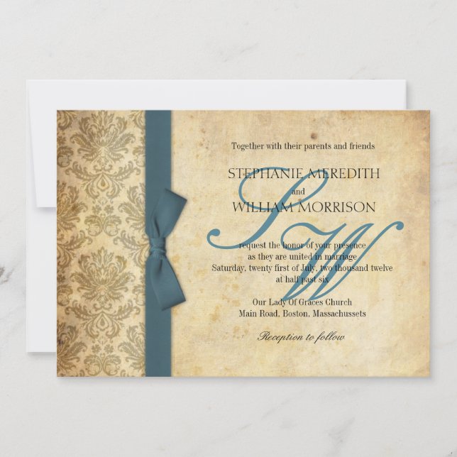 Teal Damask Vintage Bow Wedding Invitation (Front)