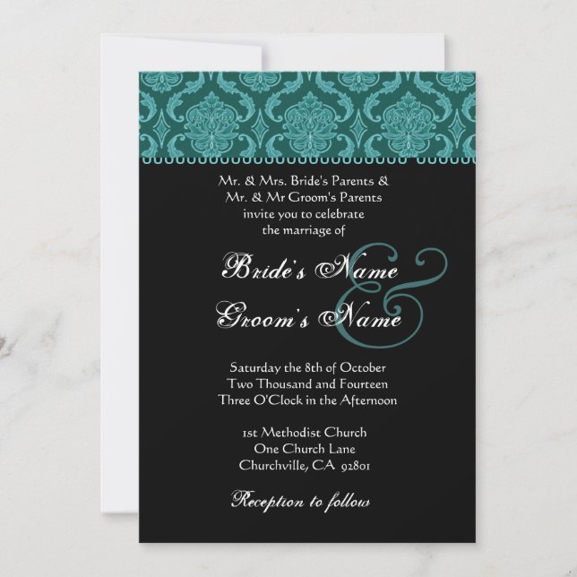 Teal  Damask Wedding Invitation (Front)
