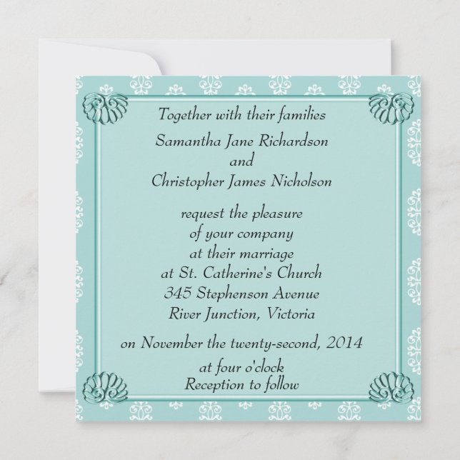 Teal Damask Wedding Invitation (Back)